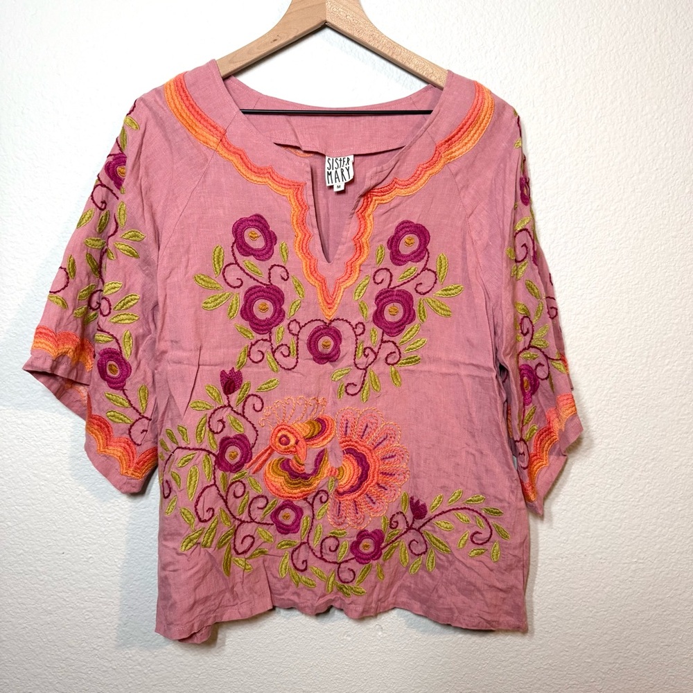 Sister Mary Linen Floral Embroidered Lagenlook Shirt Top M Medium. #92A